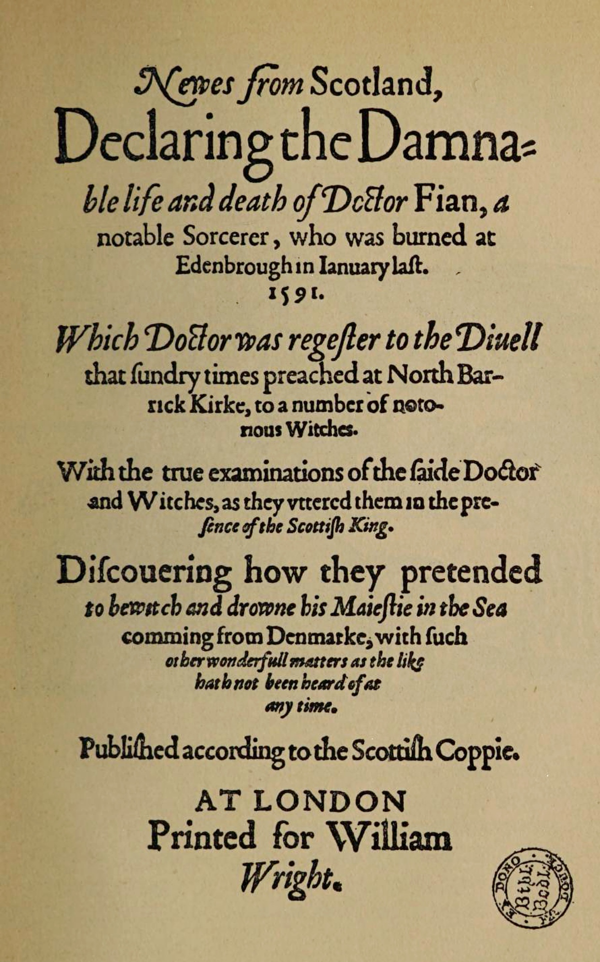 death announcement for doctor accused of witchcraft in Scotland in the 1500s