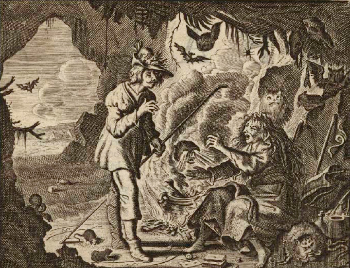 depiction of witchcraft in a 1712 engraving