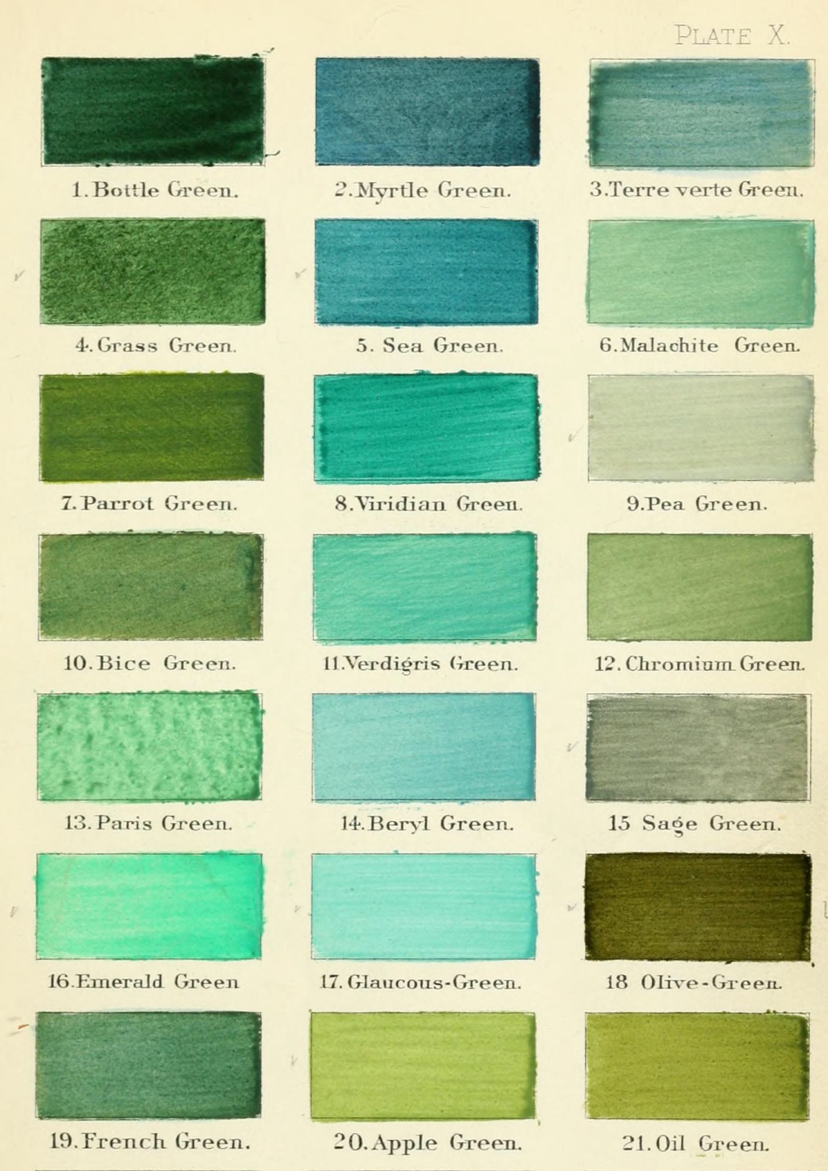 1886 color chart showing different greens