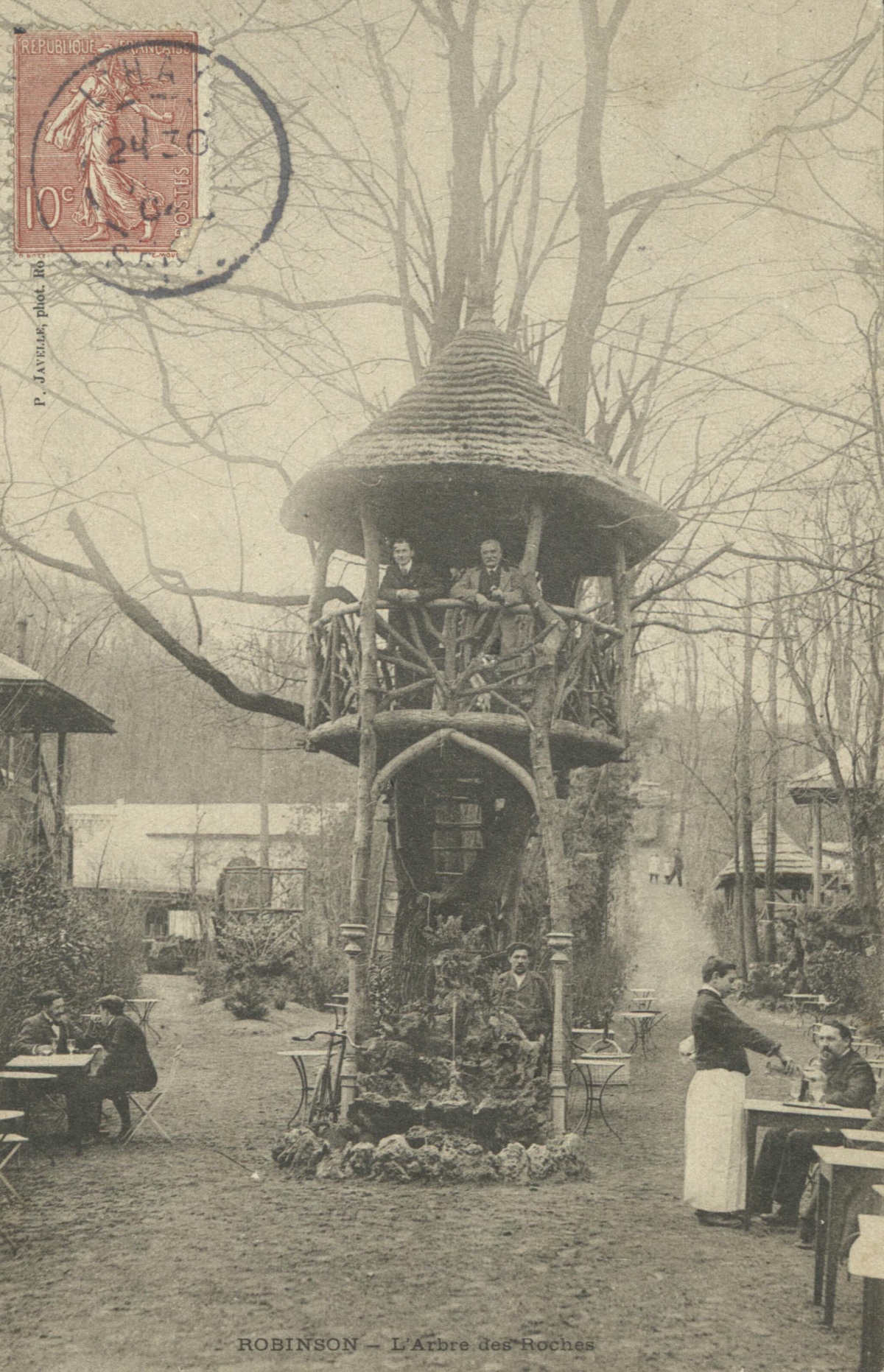 postcard of a treehouse bar in Paris around 1900