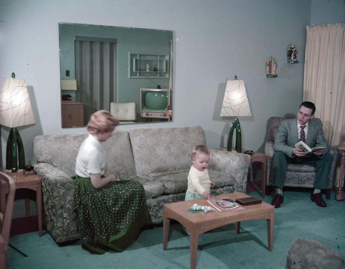 perfect green and taupe 1950s living room