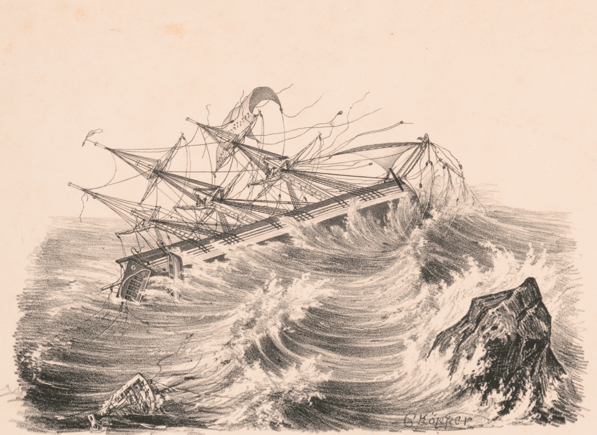 sketch of a ship wrecking at sea