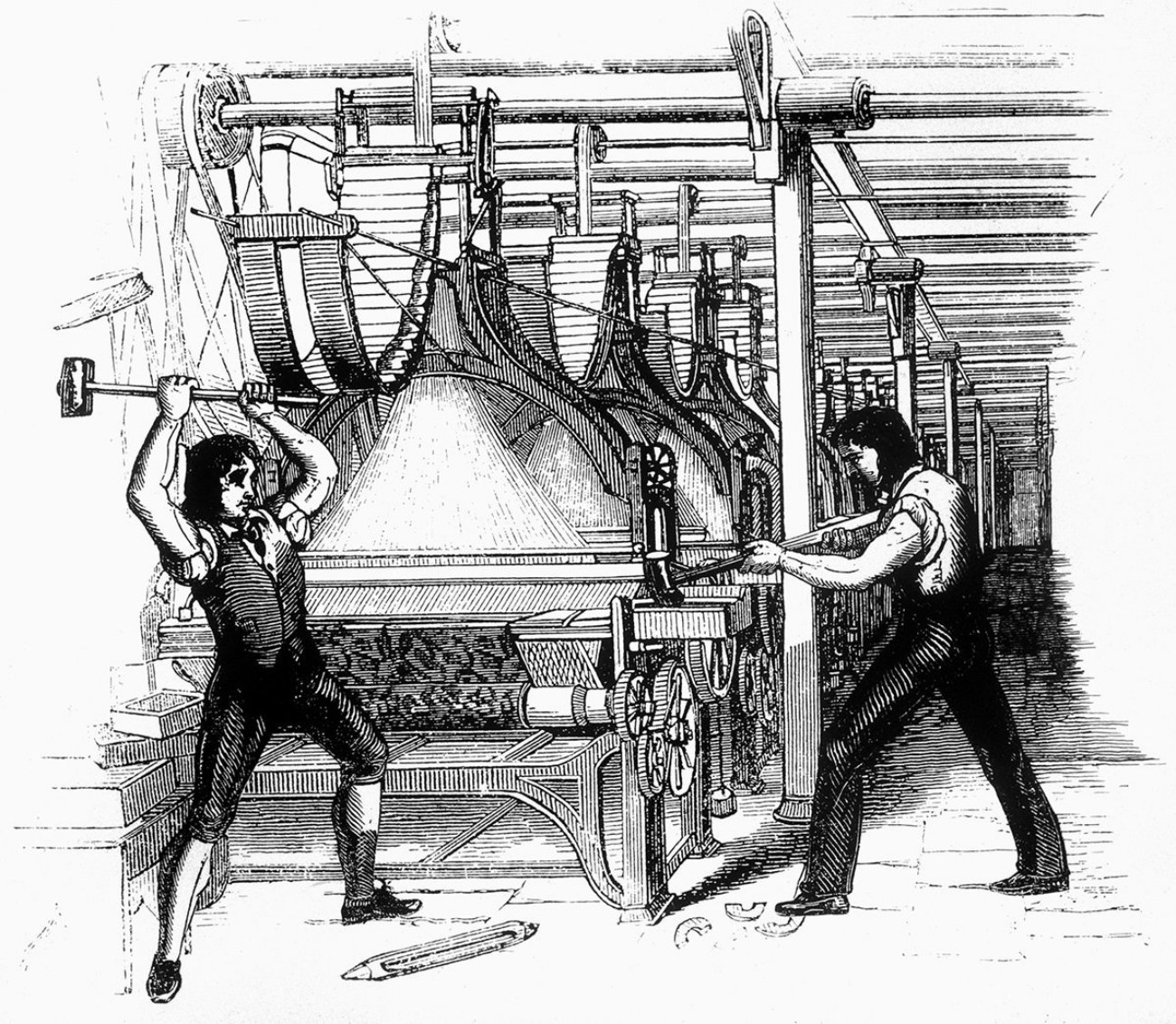 2 luddites breaking a frame textile machine