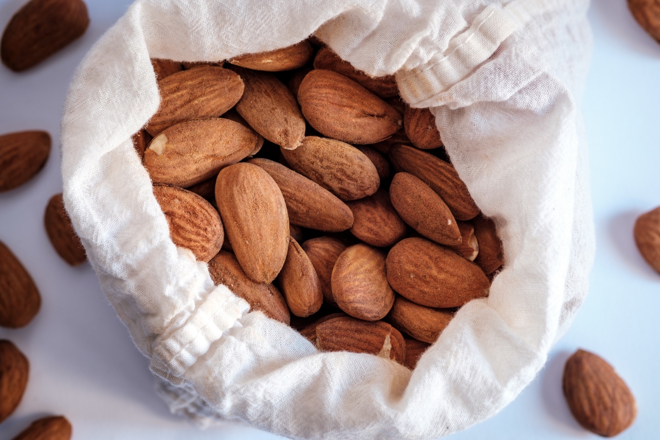 almonds in a fabric bag