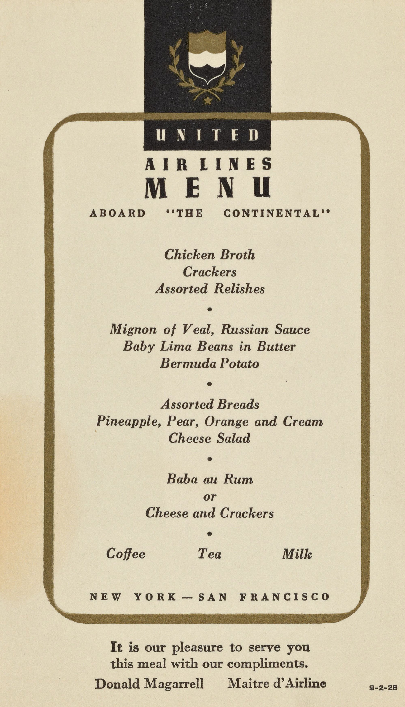 1940 in-flight menu