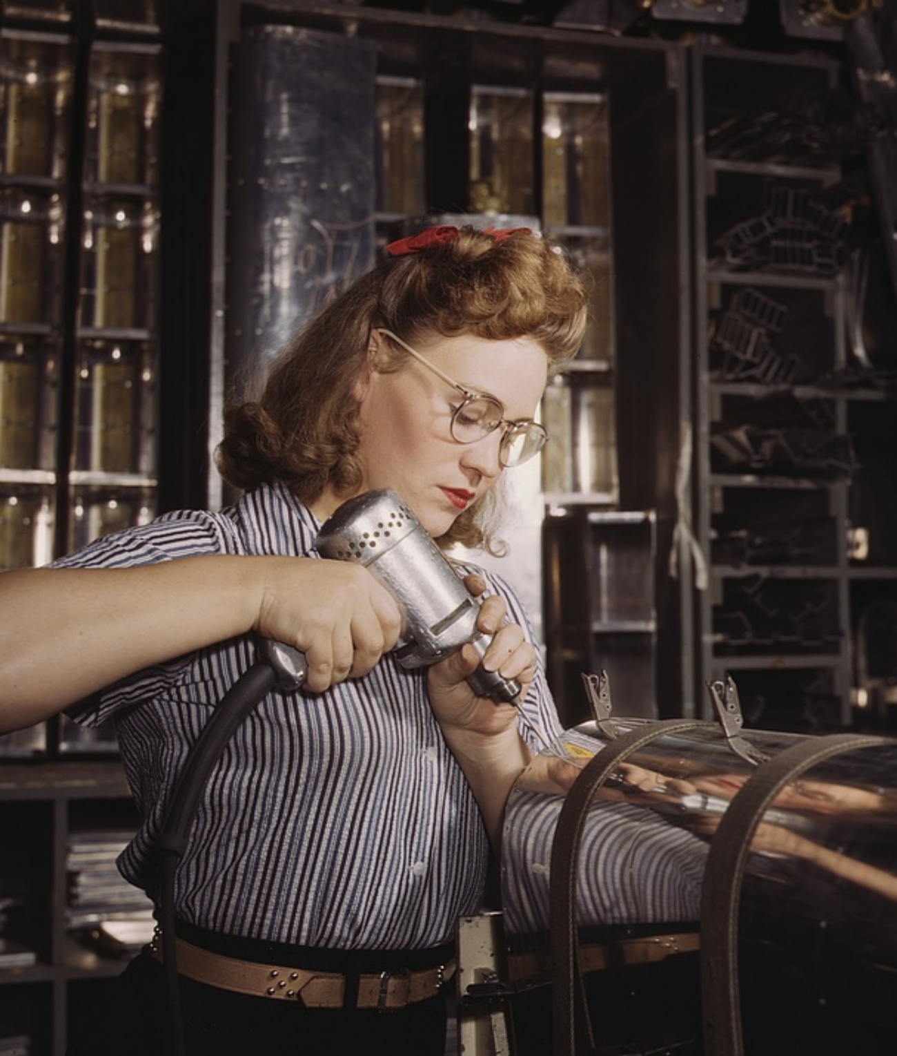 Woman in Red Lipstick Engaged in War Work