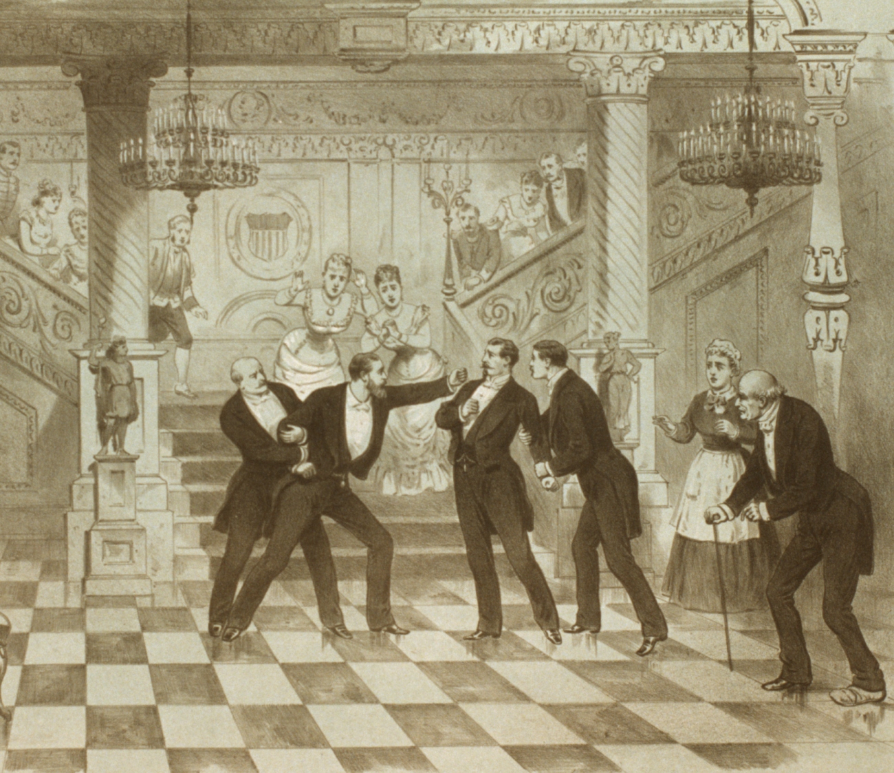 Men Fighting Over a Girl 1870s Lithograph
