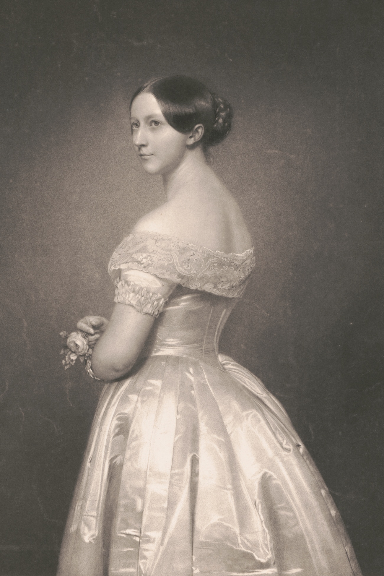 Engraving of Victorian Era Woman in White Dress