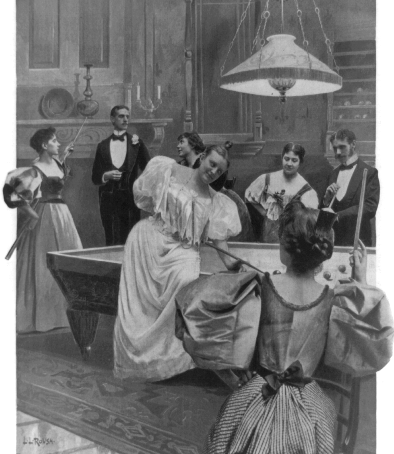 Wealthy Men and Women Playing Billiards 1896