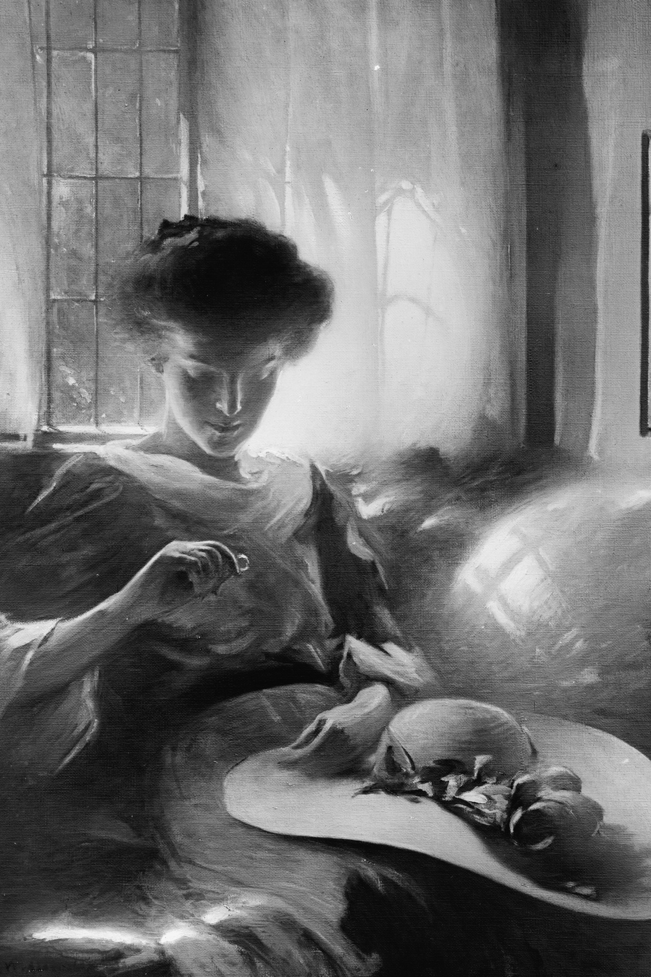 Painting of Gibson Girl Looking at a Ring on Her Finger