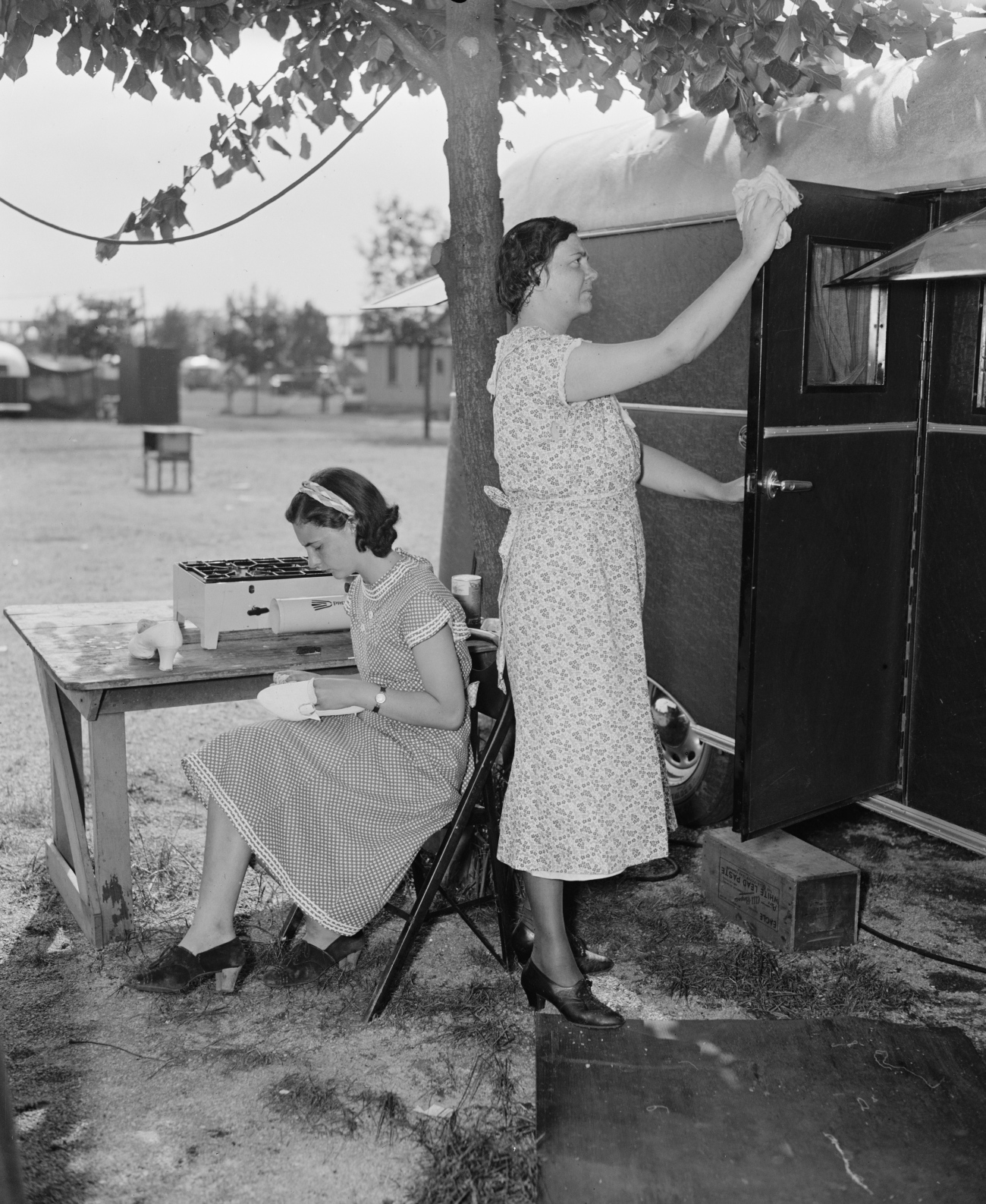 1937 Woman and Daughter in Front of Camper