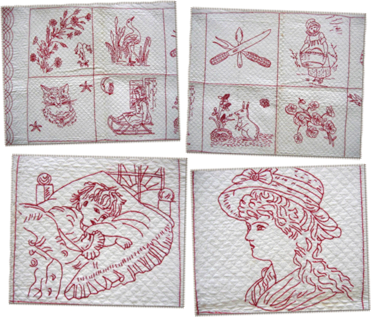 Redwork Embroidery Examples on Quilted Background
