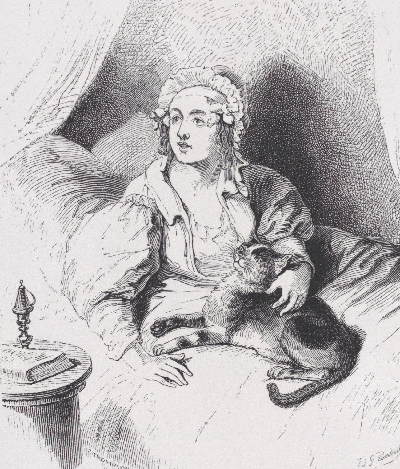 Women Wearing Nightcap in Bed with Cat