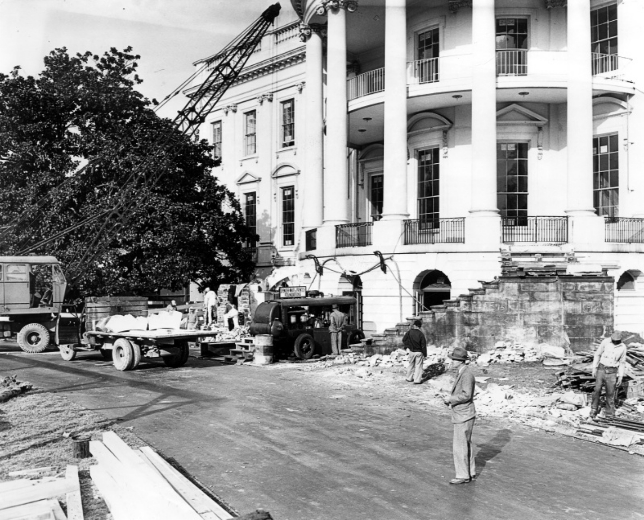 White House Front Portico During Renovations in 1950