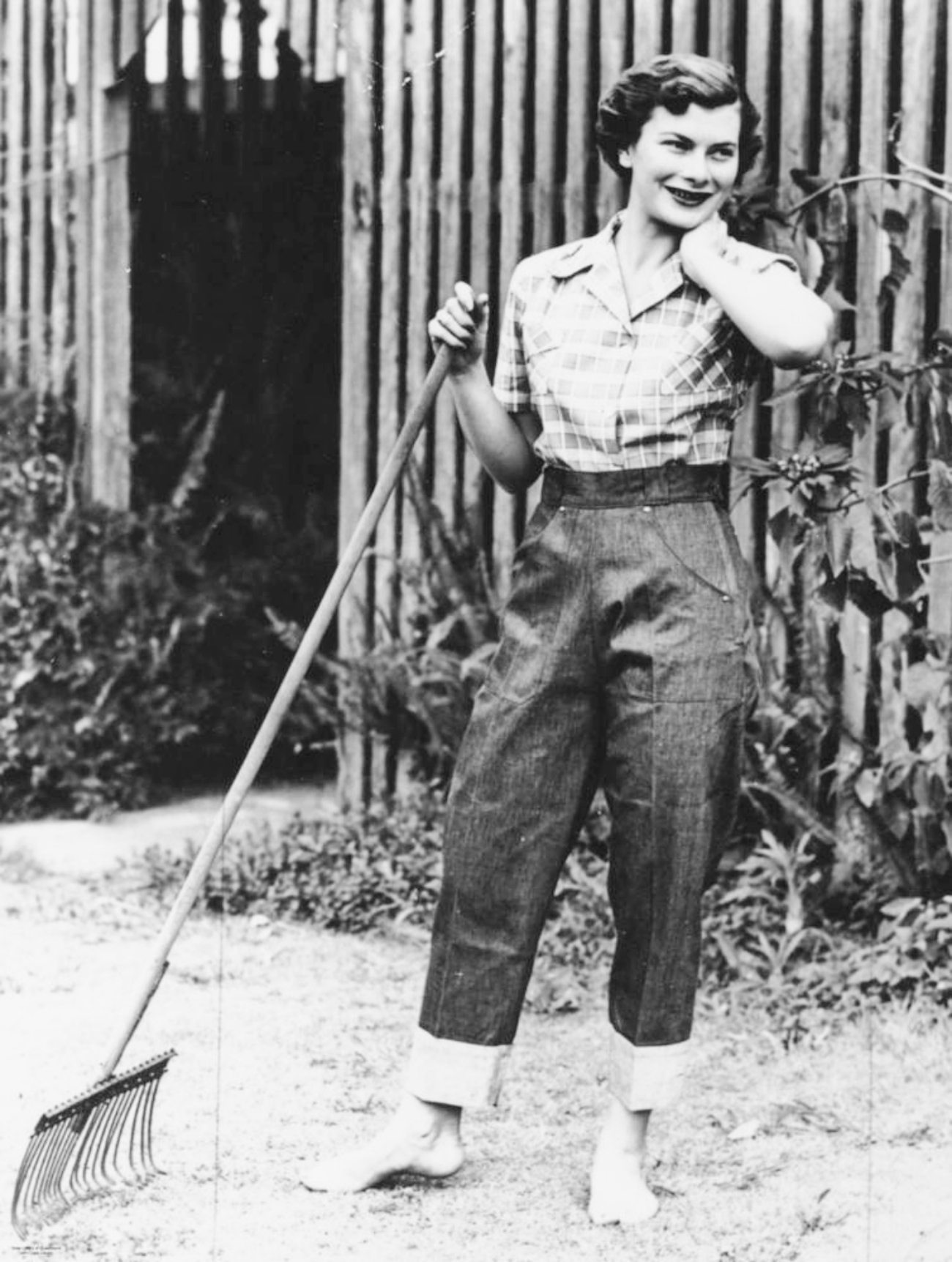 Woman in 1952 Wearing Jeans and Plaid Shirt