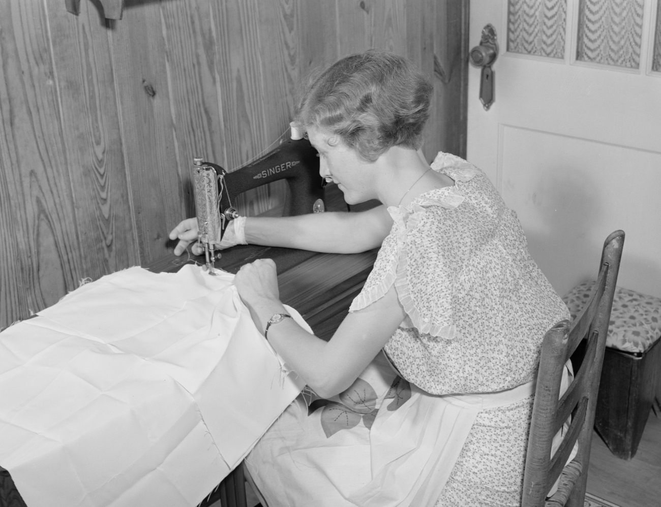 Woman Sewing in 1940 in Her Home