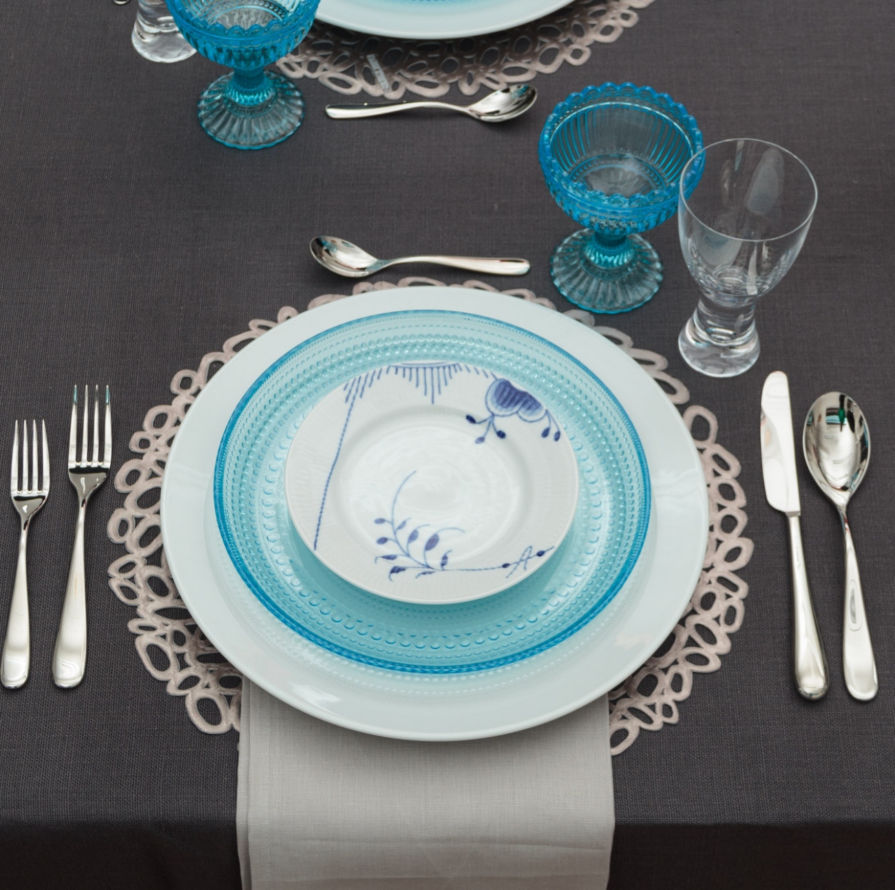 Blue Table Setting with Water Goblets