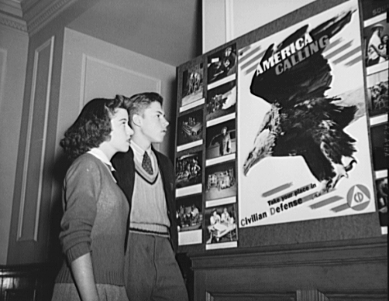 Teens Looking at Civil Defense Recruitment Poster 1940s