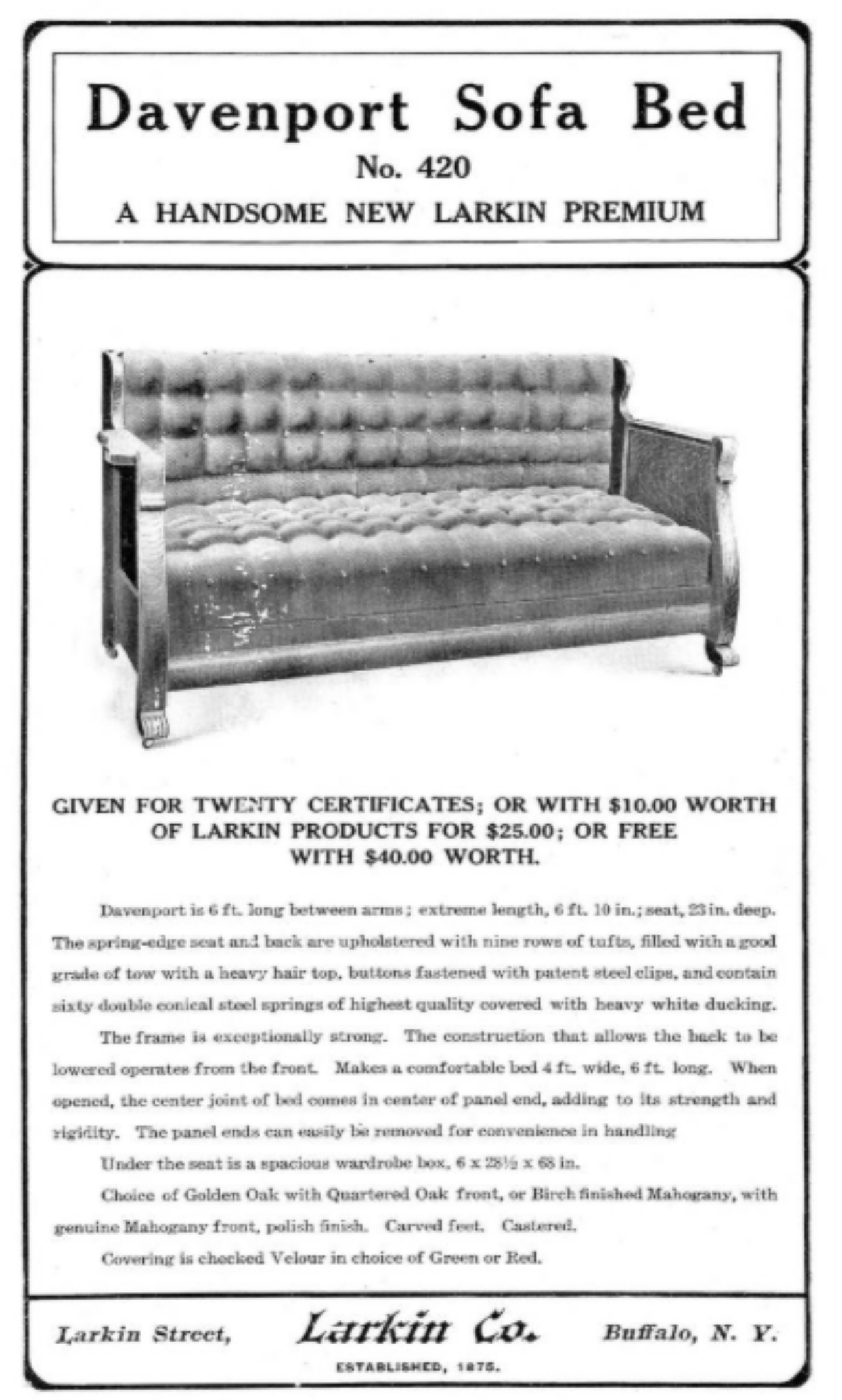 1906 Larkin Davenport Sofa Bed Ad