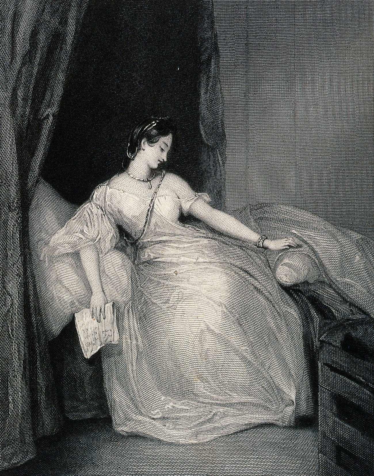Engraving of Woman Sitting on Bed with a Letter in Her Hand