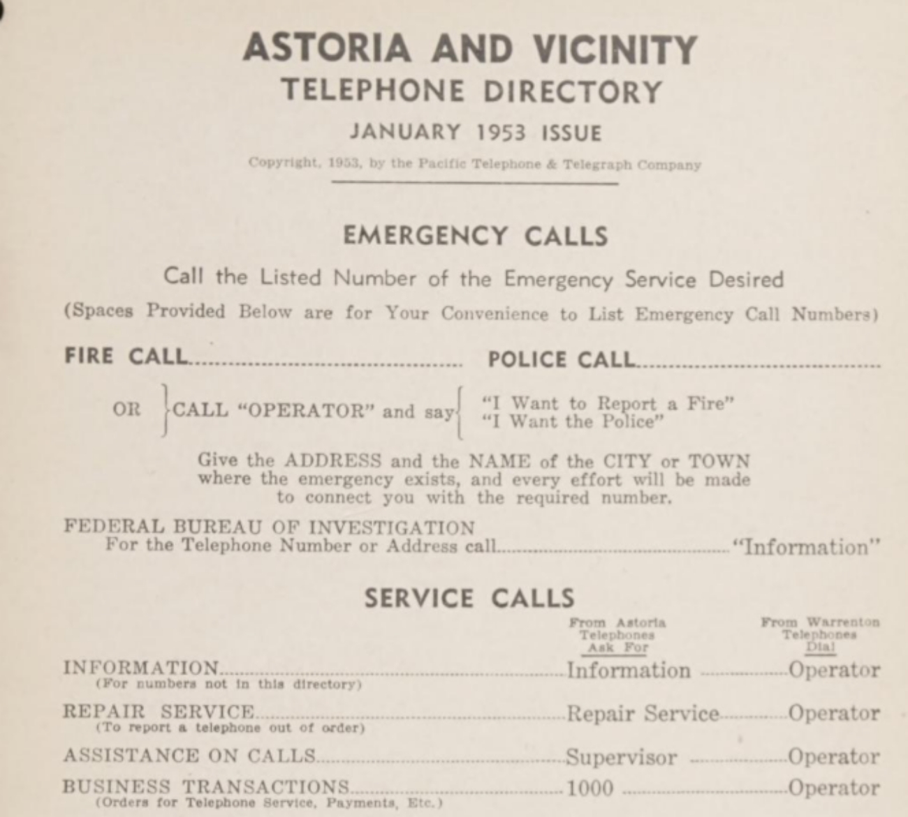 1953 Telephone Directory Emergency Numbers