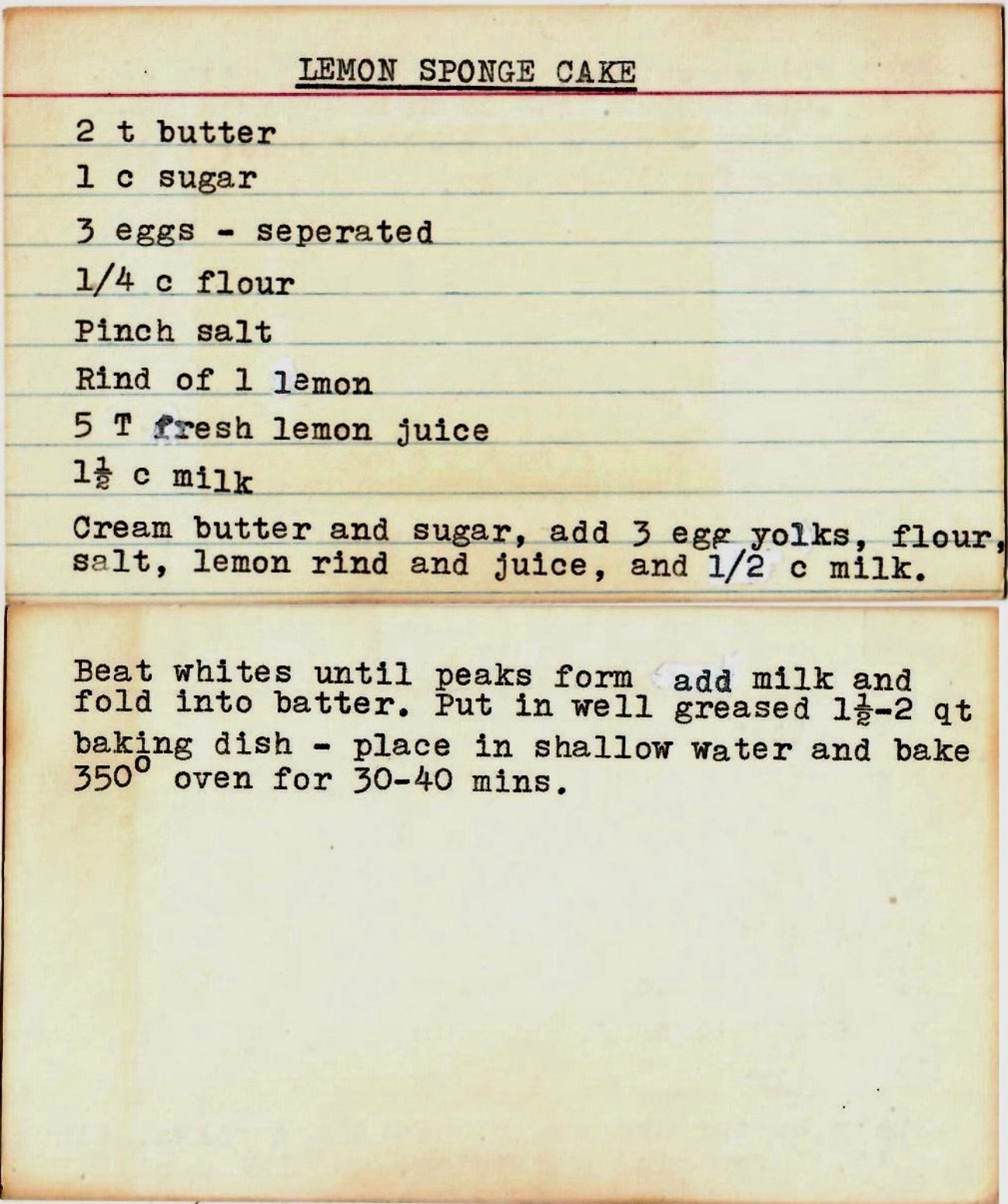 Lemon Sponge Cake Recipe Card Circa 1950s
