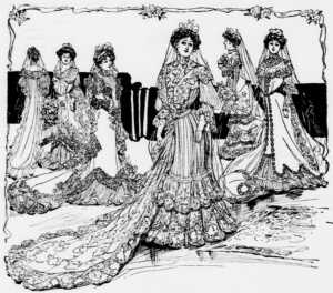 Illustrations of elegant vintage bridal gowns with intricate detailing and veils.