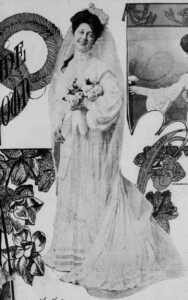 Woman in vintage wedding dress holding flowers, smiling amidst decorative illustrations.