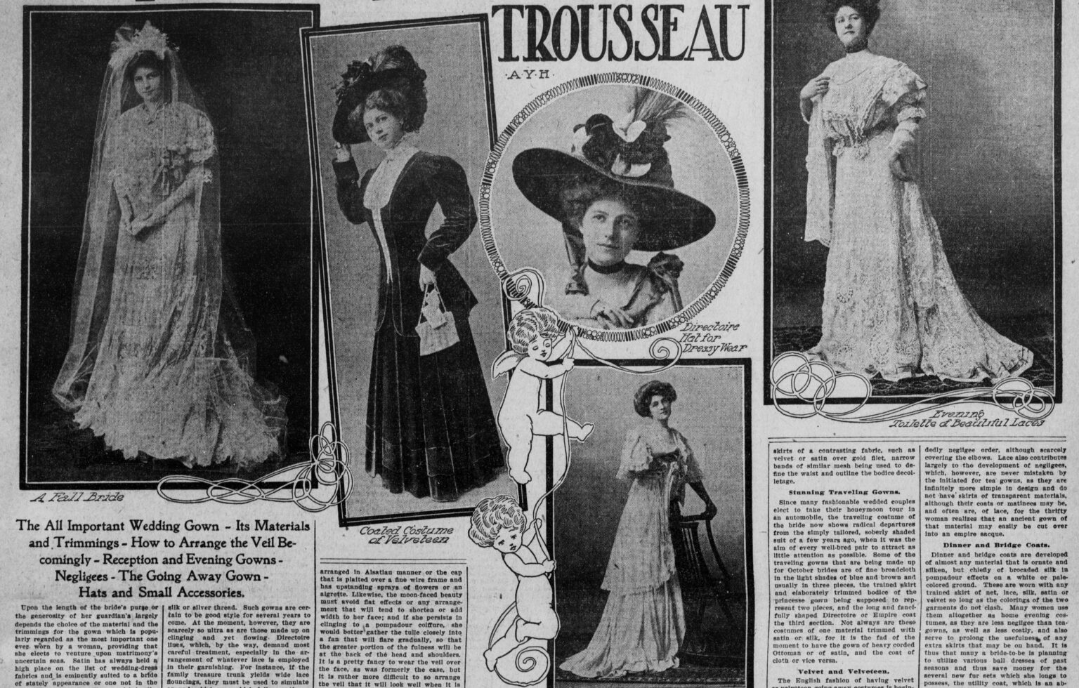 Vintage wedding gown and evening attire advertisement showcasing elegant fashion designs.