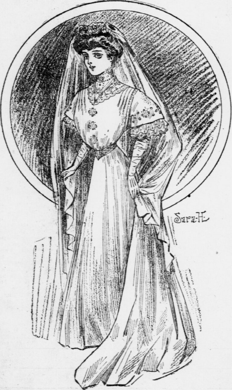 Illustration of a woman in a vintage bridal gown with veil and ornate details.