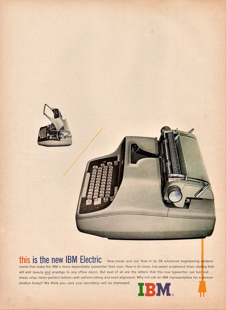 Ad with gray IBM electric typewriter and cord; headline 'this is the new IBM Electric'; small inset typewriter at left