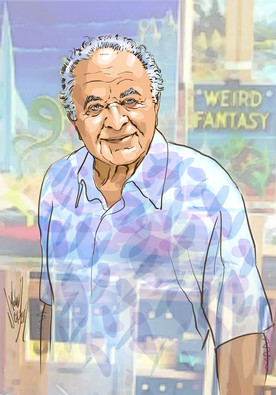Comic style portrait of MAD editor Al Feldstein. He wears a slightly transparent blue and purple collared shirt. Behind him are comic creations.