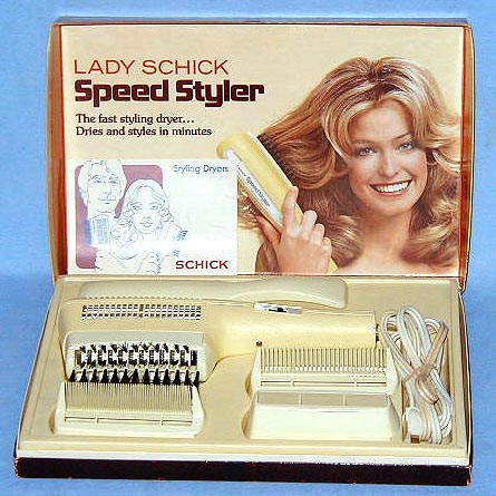A colorful box for the Lady Schick Speed hair dryer, highlighting its design and key features on the packaging.
