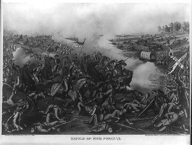 A black and white illustration of the battle of Five Forks. On the left cavaliers charge against a line of bayonets and rifles. Smoke goes from the guns.
