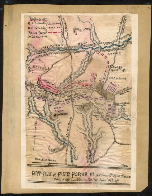 A map of the Battle of Five Forks. The text reading REFERENCES, also reads: U. S Infantry, U.S. Cavalry, Rebel forces, artillery. The map is drawn on tan paper.