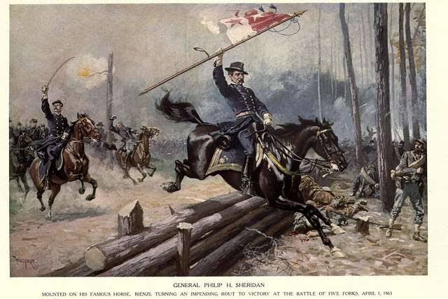 A drawing of General Sheridan holding a flag as his black horse jumps over logs. Behind him, other union cavaliers charge into battle holding swords. The text at the bottom of the image reads: GENERAL PHILIP H. SHERIDAN, MOUNTED ON HIS FAMOUS HORSE, RIENZI, TURNING AN IMPENDING ROUT TO VICTORY AT THE BATTLE OF FIVE FORKS, APRIL 1, 1865