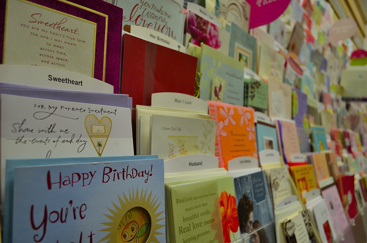 The card's section at the store. Labels read: "Happy Birthday," "Sweetheart," "Husband," and more.