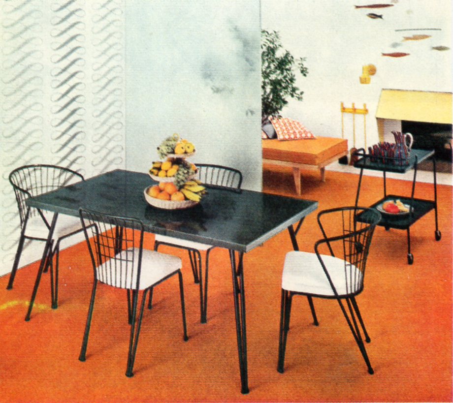 Retro advertisement featuring a charming dining table and matching chairs, highlighting timeless design and cozy dining experiences.