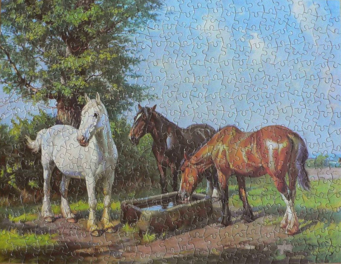 Vintage jigsaw puzzle depicting three horses drinking from a well, surrounded by lush greenery and a serene landscape.